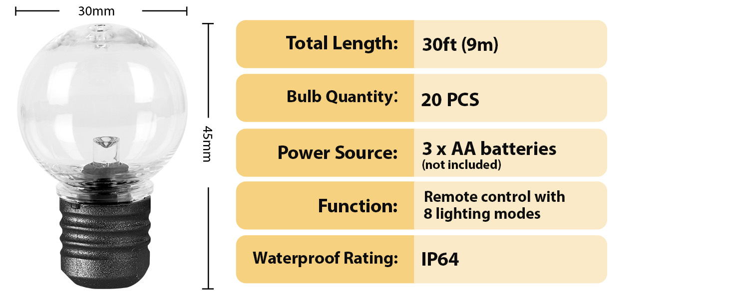 Ланцюжок прикрас для зовнішнього використання на батарейках G30, 9м, 20 LED, тепле біле світло, з пульт дистанційного керування, таймер, диммування, IP64, для саду, ялинки, балкона, бістро.
