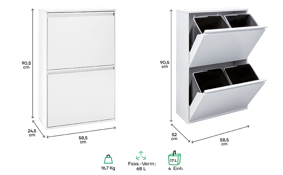 Система сортування відходів ARREGUI Basic CR601-B, 4 відділення, 68 л, знімні внутрішні контейнери, білий