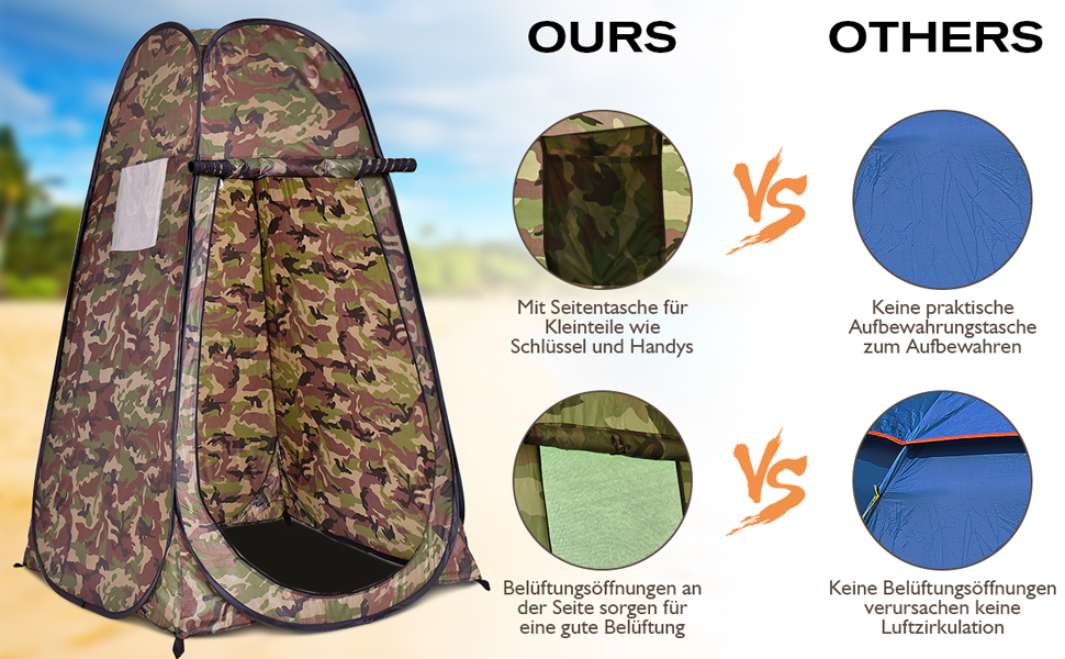 Намет переодягання Relax4Life з системою Pop-up, душовий намет, туалетний намет з вікном, намет-кімнату з поліестеру, 120 x 120 x 190 см, камуфляж Flecktarn