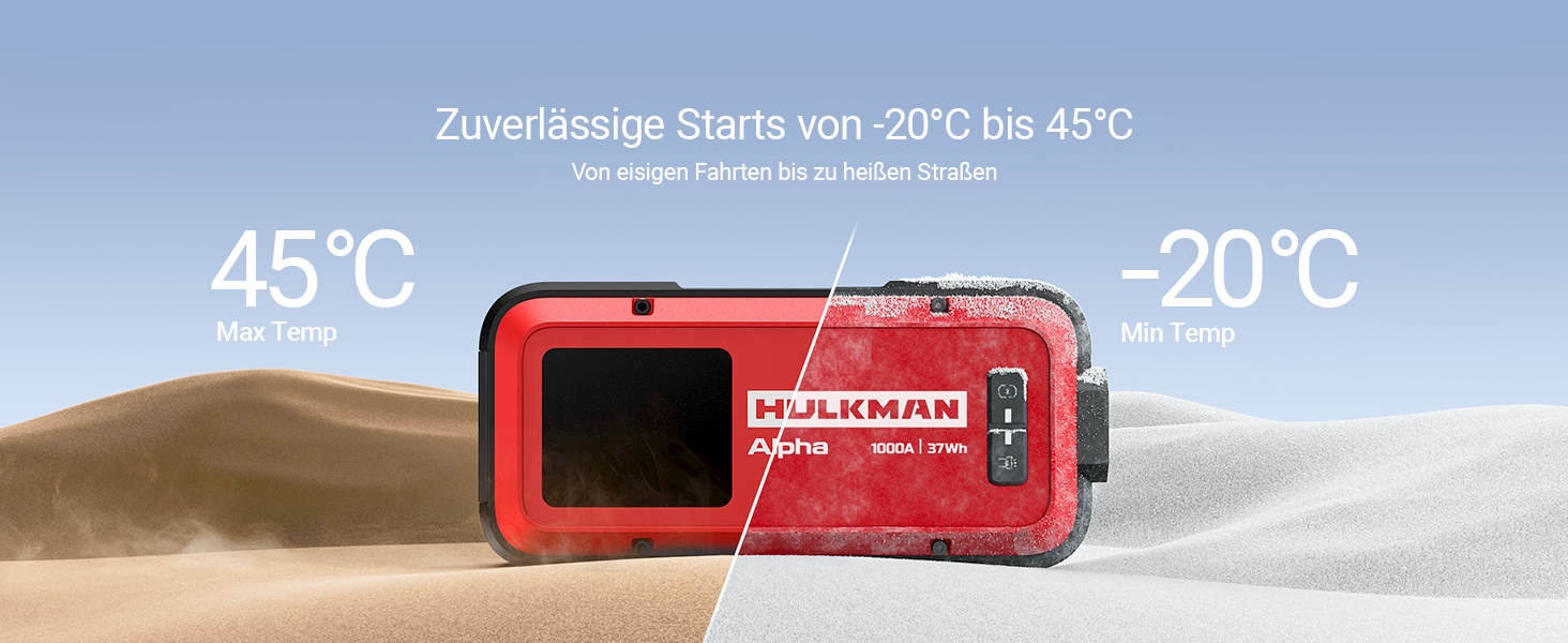 Бустерний пускач HULKMAN Alpha Ultra Red 1000A 37Wh для авто 12В, портативний jump starter для бензинових (до 6.5L) та дизельних (до 3.0L) двигунів, IP65, LED-дисплей