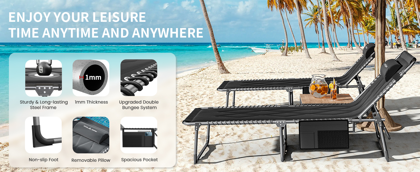 Розкладне ліжко для кемпінгу UDPATIO: зручне ліжко для відпочинку на природі, регульована спинка, з матрацом, чорний колір