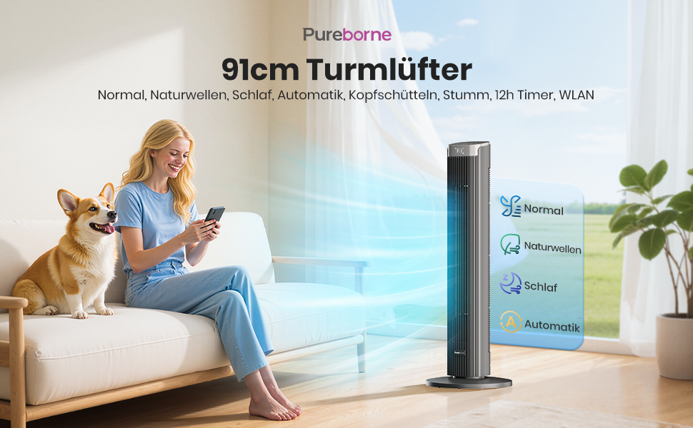 Турбовентилятор Leiser 91 см з осциляцією, пультом дистанційного керування та Wi-Fi, 4 швидкості, 4 режими, таймер 12 годин, чорний