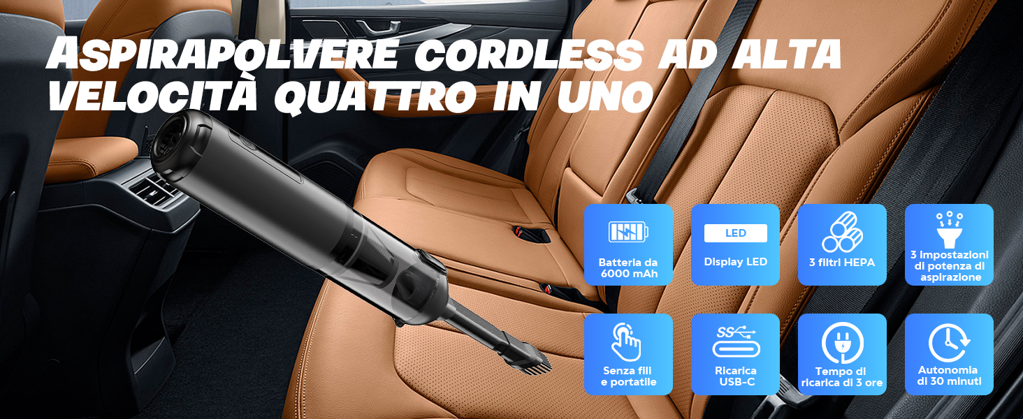 Акумуляторний ручний пилосос для авто та дому 4-в-1, безщітковий мотор 26000Па, 3 режими потужності, з підсвіткою (Сірий)