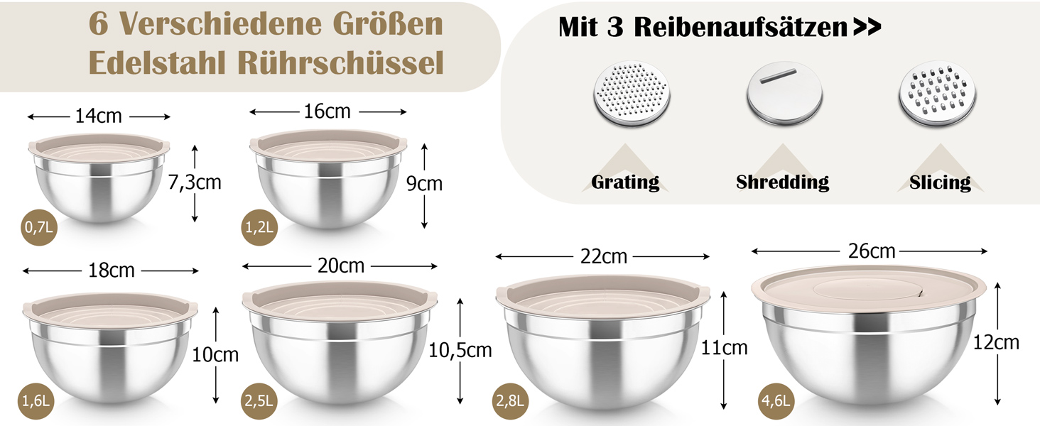 Набір салатниць TEAMFAR 6 шт. з нержавіючої сталі з кришками та силіконовими ніжками, 0,7L / 1,5L / 1,6L / 2,5L / 2,8L / 4,6L, багатофункціональний, для миття в посудомийній машині, з терками