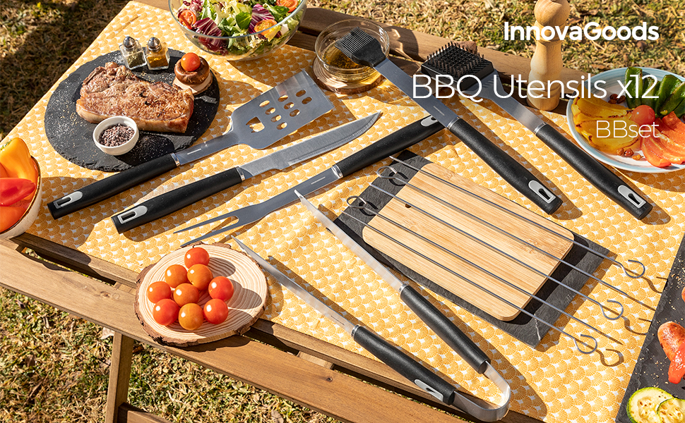 Набір гриля InnovaGoods 12 предметів: інструменти з нержавіючої сталі, термостійкі ручки, кейс, миється в посудомийній машині, чорний, сталь, нержавіюча сталь