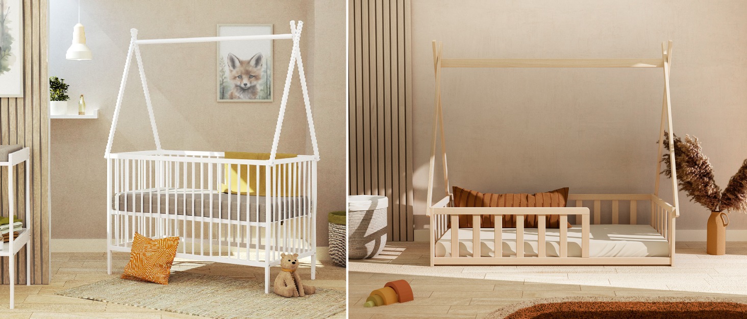 Дитяче ліжко Webaby Holz 60x120cm з бука, натуральний колір, з регульованим дном та бортиками | Від народження | Комфортний сон