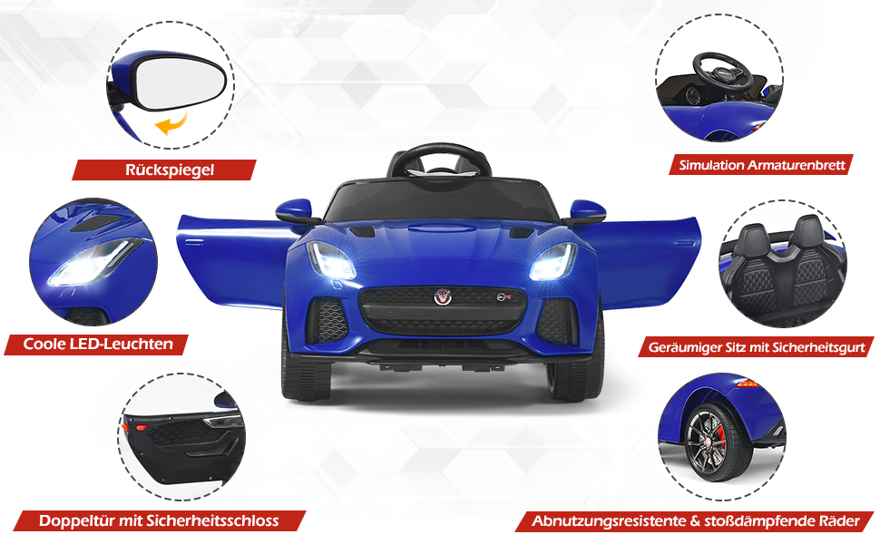 Електромобіль для дітей COSTWAY Jaguar, 12V, з музикою, історіями, сигналом та фарами, з дистанційним керуванням, швидкість 3-5 км/год, для дітей від 3 років, синій