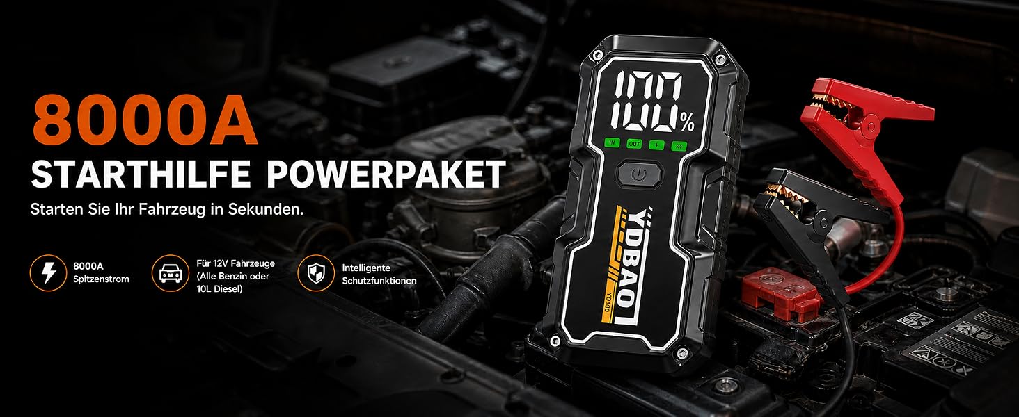 Бустер для автомобіля Starthilfe Powerbank 8000A 12V — Пусковий пристрій для акумуляторів авто, модель 9183