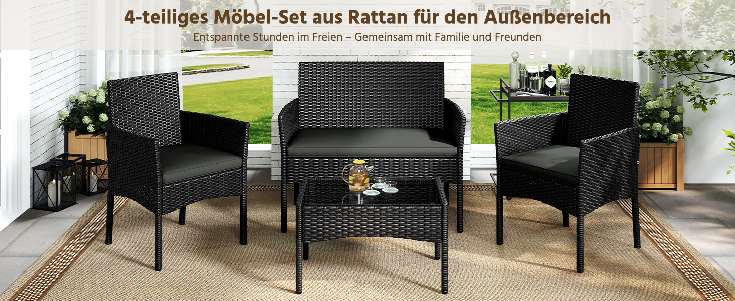 Набір садово-розплідницьких меблів Yaheetech на 4 особи з ротангу для тераси/балкону/саду (софа 2 місця, 2 стільці, стіл, подушки)