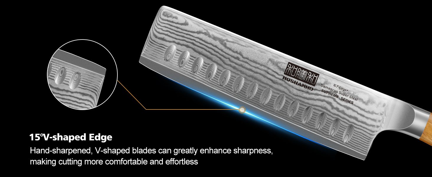 Японський ніж HOSHANHO з дамаської сталі 20 см, 67 шарів, кухонний ніж, надзвичайно гострий, з ергономічною ручкою оливкового кольору (16.5 см Nakirimesser)