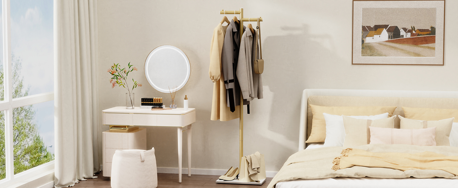 Підлоговий вішак для одягу Metall, стійка підставка для куртки, гардероб з натуральною кам'яною основою, 175см, сучасний дизайн, підходить для куртки, шапок, сумок, білий (39x26x175cm, золото)