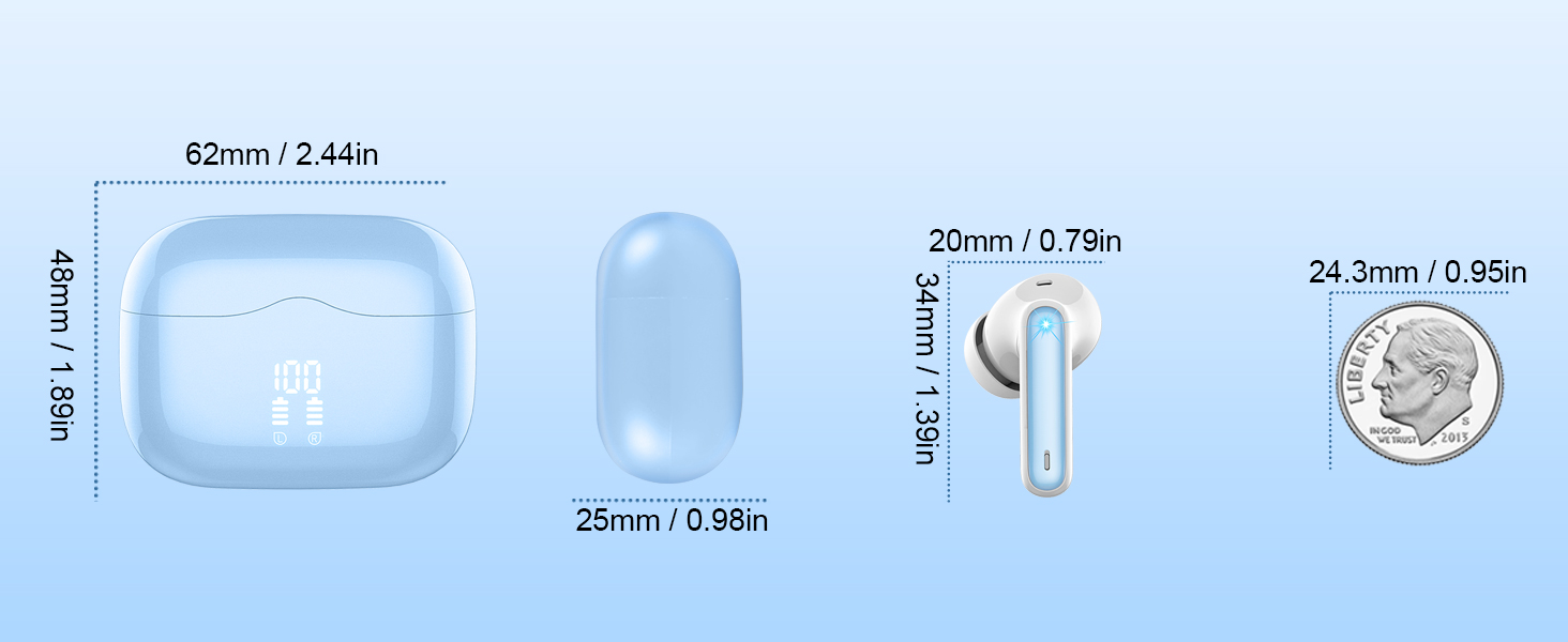 Навушники-вкладиші Bluetooth 5.3, 4 мікрофони ENC, глибокі баси, 40 годин, водонепроникність IP7, Blue Lake