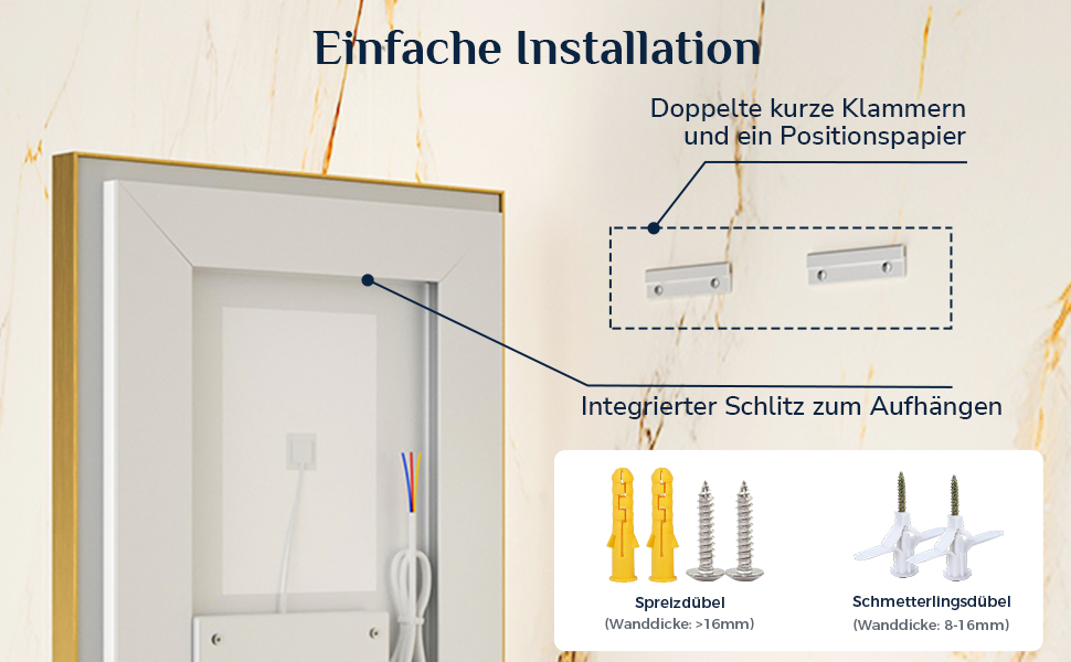 Дзеркало для ванної кімнати Keonjinn з підсвічуванням, 50x70 см, золотий металевий каркас, LED, сенсорне управління, 3 кольори світла, диммування, без запотівання, пам'ять налаштувань