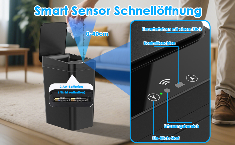 Набір з 2 автоматичних сміттєвих баків з датчиком, 12л, сенсорний кришка, 3 режими роботи, тихий, водонепроникний, інтелектуальний контейнер для сміття, для кухні, офісу, вітальні, ванної кімнати (2 шт. чорний)
