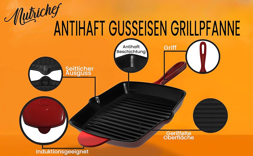 Сковорода-гриль NutriChef 30x43 см з чавуну з антипригарним покриттям, для стейків, з насадками для збору жиру, ідеальна для хрусткої обсмажки