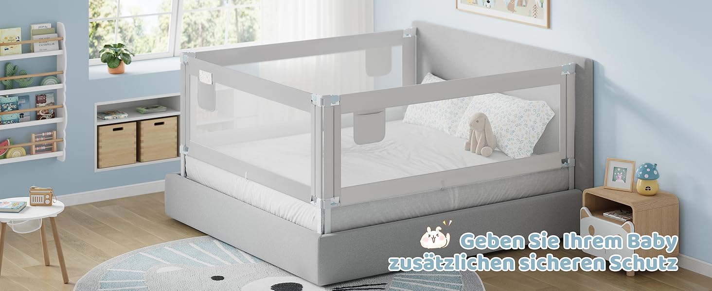 Бортик для ліжка WOLTU 150 см, захисний бортик для дітей та немовлят, регульована висота 69-87 см, тканина Оксфорд, металевий каркас, світло-сірий