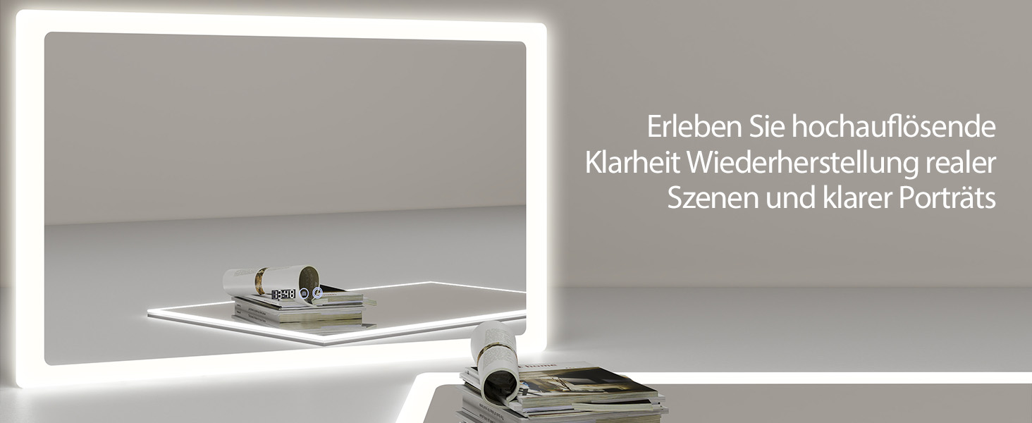 Дзеркало для ванної кімнати YOURLITE з LED-підсвічуванням 100x60 см, сенсорне управління, годинник, антизапотівання, 3 кольори світла, регулювання яскравості, функція пам'яті, білий - 60100