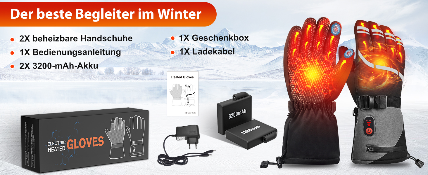 Гріючі рукавички з акумулятором 7.4V 6400mAh USB, 3 режими нагріву, водонепроникні рукавички з підігрівом для зимових видів спорту, катання на лижах, мотоциклі, велосипеді та піших прогулянок