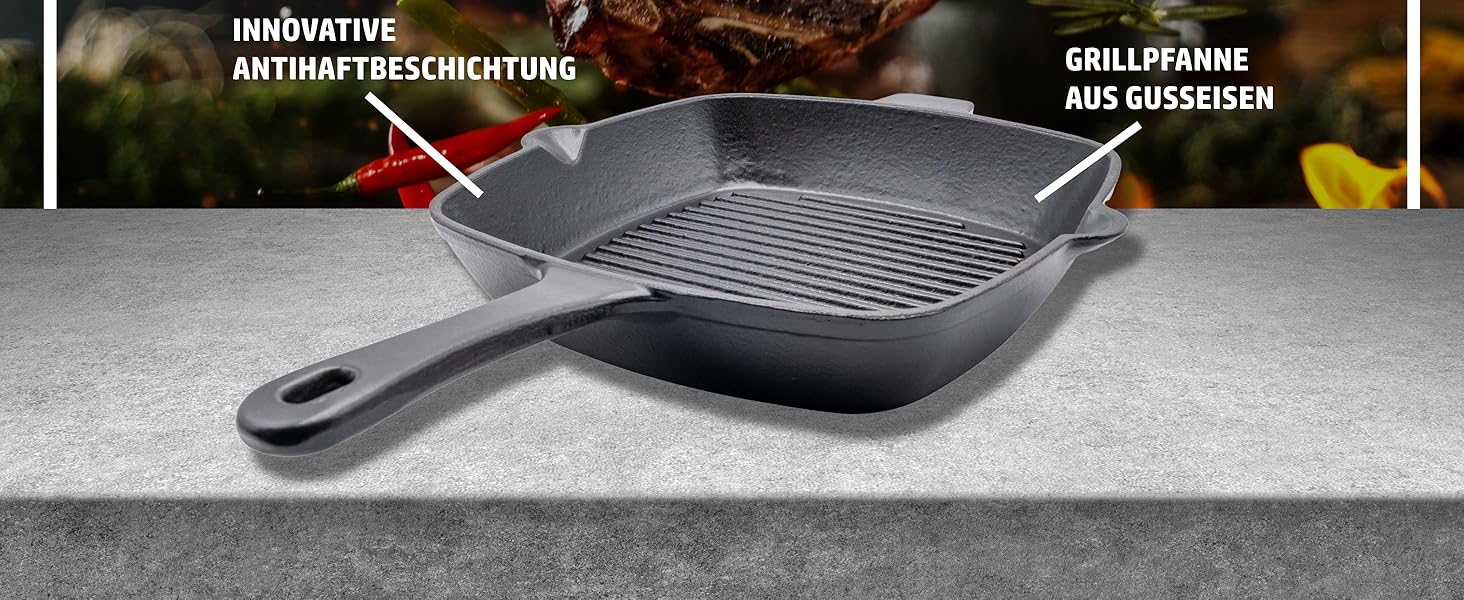 Сковорода-гриль HENSSELERS® з чавуну [26 см] для всіх типів плит та духовок, включаючи газові та індукційні плити. Антипригарна сковорода для стейків. Чотирикутна чавунна сковорода для гриля