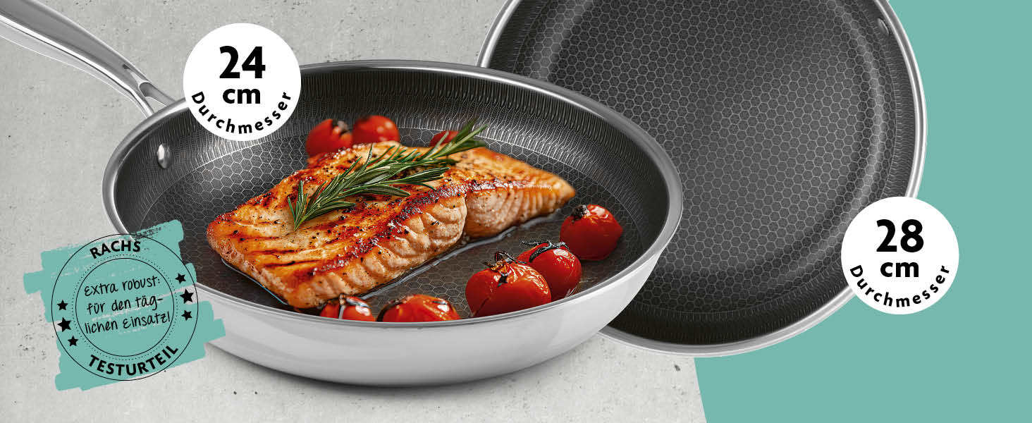 Сковорода Kochwerk Rachs з рифленою поверхнею ⌀28 см | Сковорода з нержавіючої сталі з антипригарним покриттям та високим бортиком | Підходить для всіх типів плит | Стійка до подряпин та придатна для духовки | З рецептами ⌀28 см