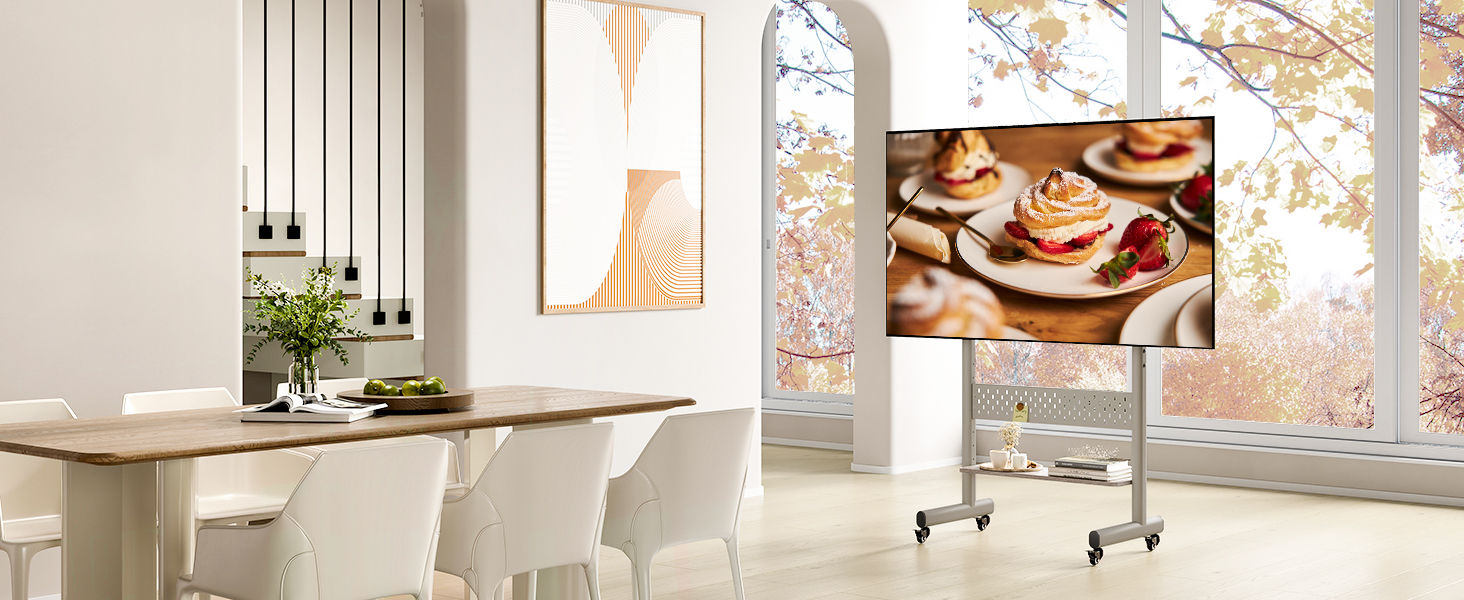 Підставка для телевізора FITUEYES на колесах, регульована по висоті, для 40-85 дюймів, VESA 600x400, 60 кг, бежева