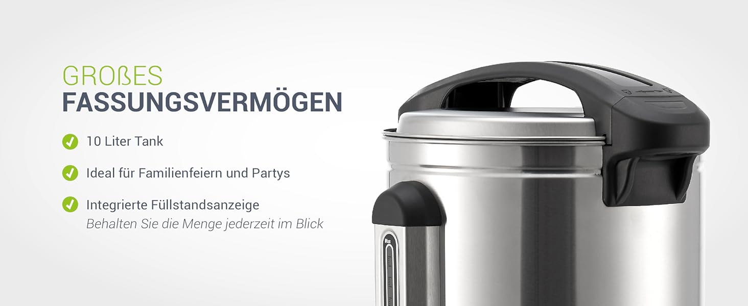 Електричний диспенсер для глінтвейну Juskys Teramo 1500W з краном, термостатом та захистом від перегріву, 30-110°C, нержавіюча сталь, 10 літрів