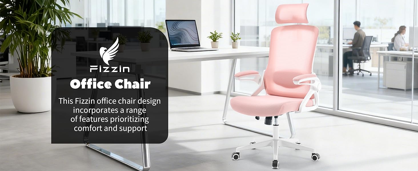 Ергономічне крісло для офісу Fizzin, комп'ютерне крісло з регульованою поперековою підтримкою, дихаюча сітчаста спинка, посилене сидіння, зручне крісло для дому та офісу (рожеве)
