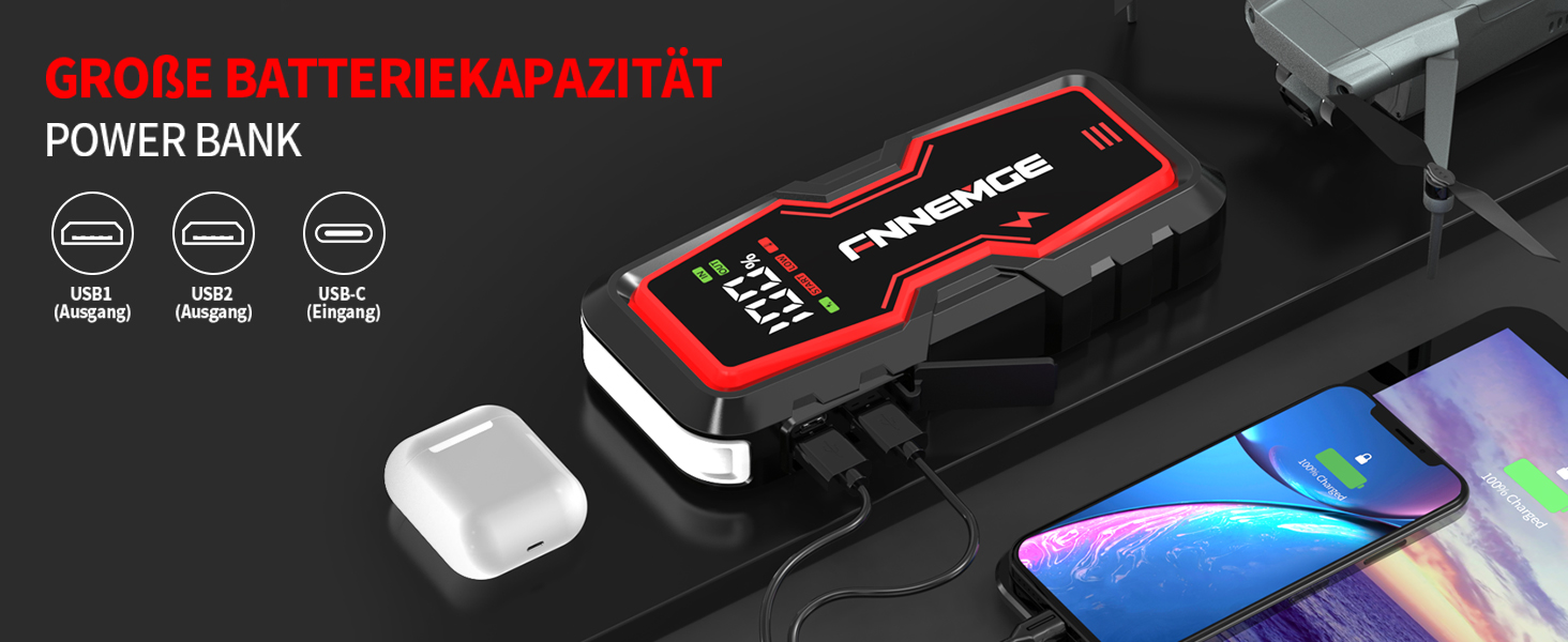 Портативний пусковий зарядний пристрій Powerbank для авто, 6000A, 12V, USB, LED, дисплей