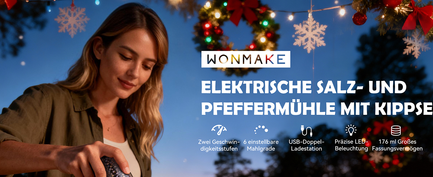Набір електричних млинків для солі та перцю WONMAKE з підсвіткою LED, зарядним пристроєм, 6 рівнями помолу та 2 швидкостями, 176 мл, чорний