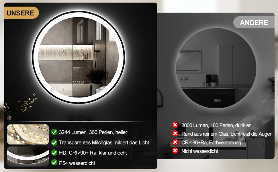 Круглий LED-дзеркало для ванної кімнати ChillCruiser 50 см з чорною рамою, антизапар, 3 кольори, 500 мм