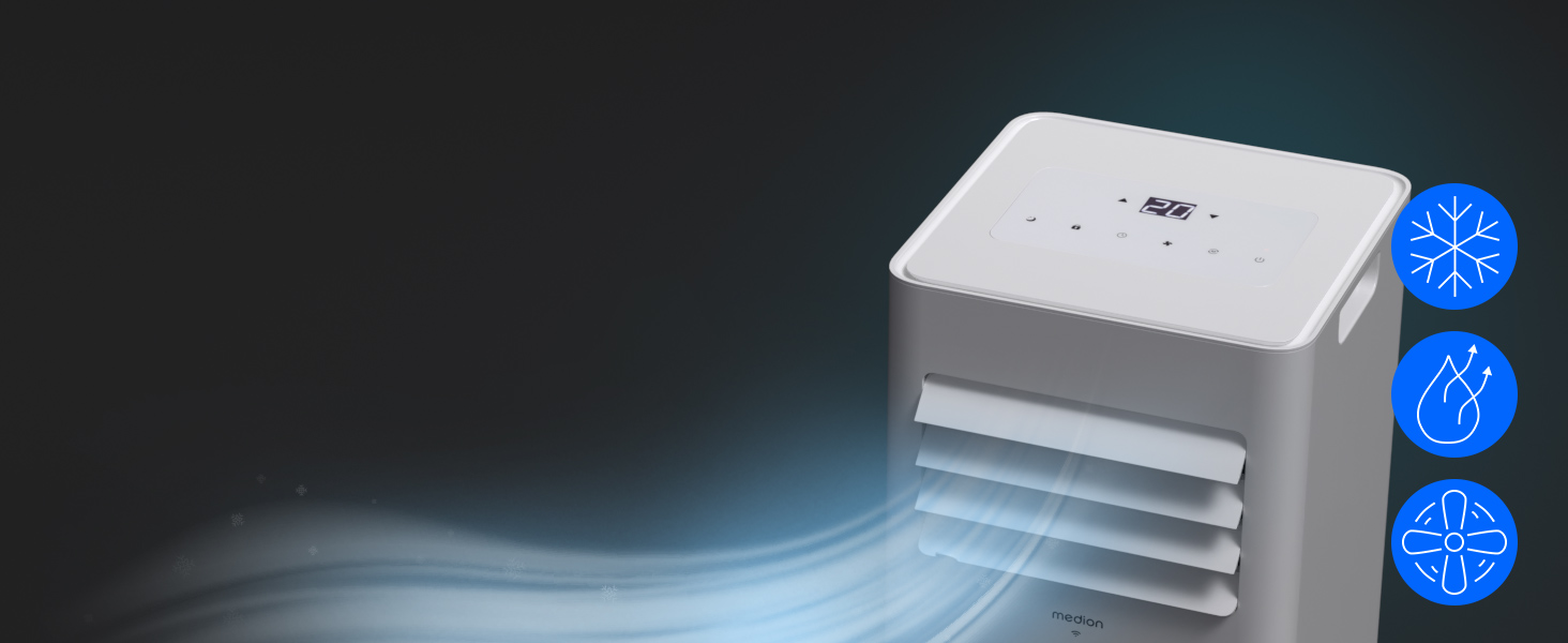 Мобільний кондиціонер MEDION P901 9000 BTU з пультом та Wi-Fi – охолодження, осушення, вентиляція. Комплектація з ущільнювачем для вікна.