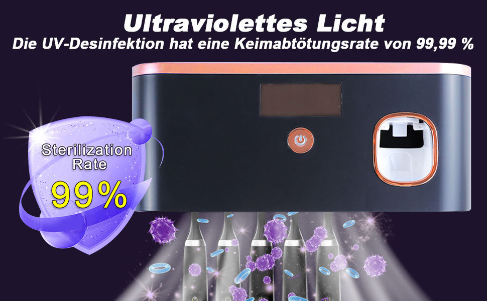 Тримач для зубних щіток з ультрафіолетовою дезінфекцією, настінний, дозатор зубної пасти, на 5 зубних щіток, 60 днів, чорний
