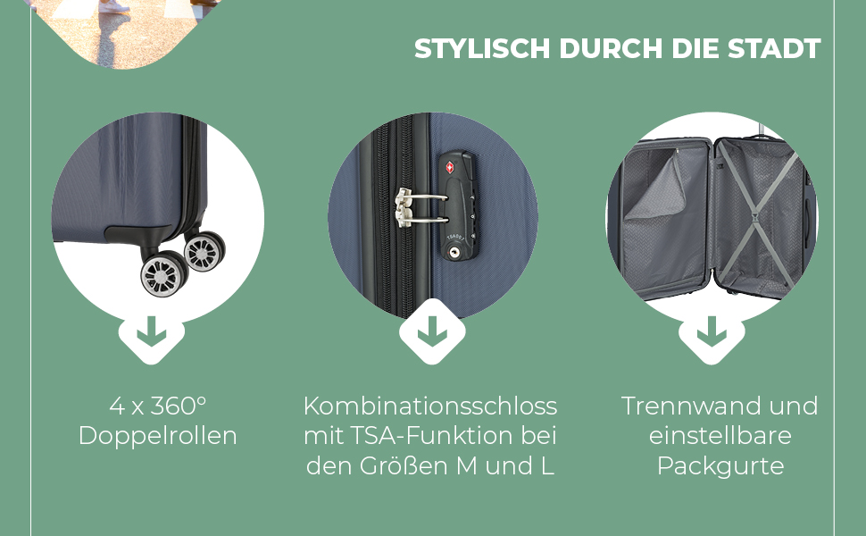 Набір валіз Travelite 3 шт. з жорстким корпусом (L/M/S), 4 колеса, City, валіза ручної поклажі S, валізи-ролери з антицарапинним покриттям, TSA замок + розширюваний клапан (окрім розміру S), Набір валіз-ролерів (L/M/S) Marine