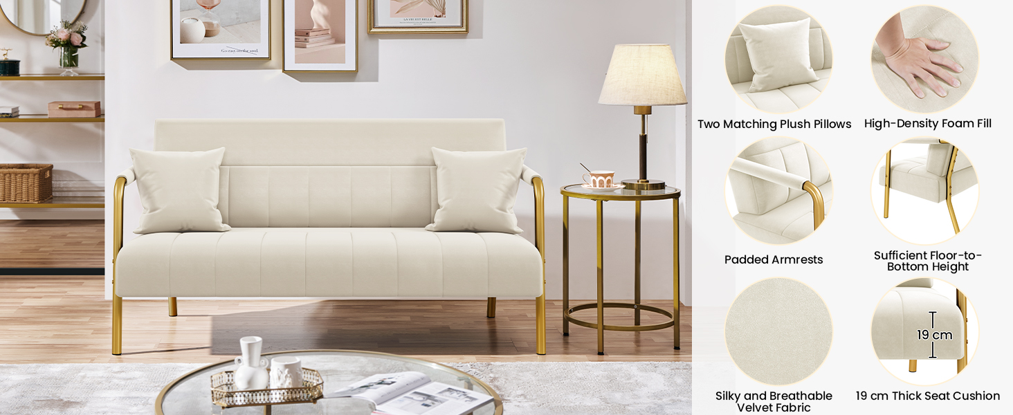 Диван Yaheetech з підлокітниками та металевими ніжками, сучасний двомісний диван з 2 подушками для попереку, бежевий, 143.5 x 71.5 x 75.5 см