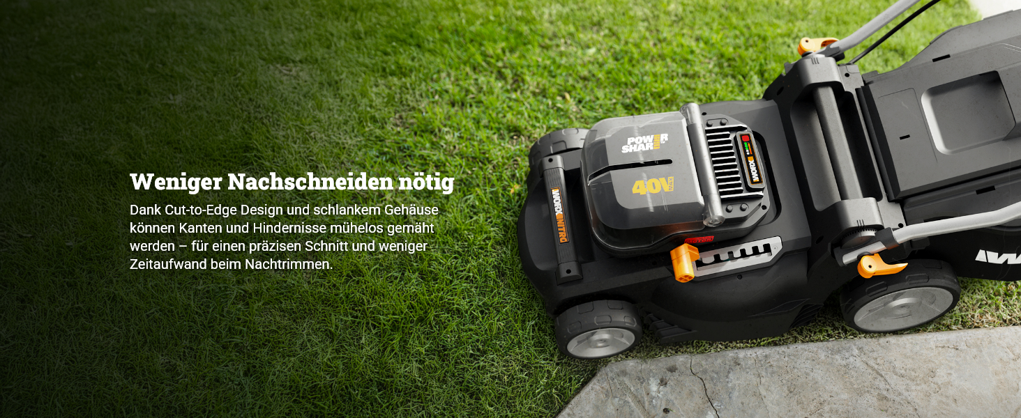 WORX WG737E акумуляторний газонокосарка Nitro 40V (2x20V) - безщітковий двигун, ширина зрізу 37 см, 6 рівнів висоти зрізу (20-70 мм), 40л травозбірник, 2x4Ah акумулятори та подвійний зарядний пристрій, без приводного колеса