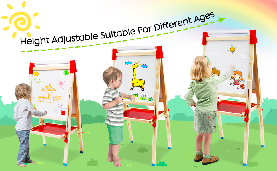Дитяча мольберт Kinder Staffelei 3 в 1: дерев'яна дошка з рулоном паперу, двостороння, регульована висота 68-114 см. Комплектація: аксесуари для малювання. Підходить для дітей 3-12 років.