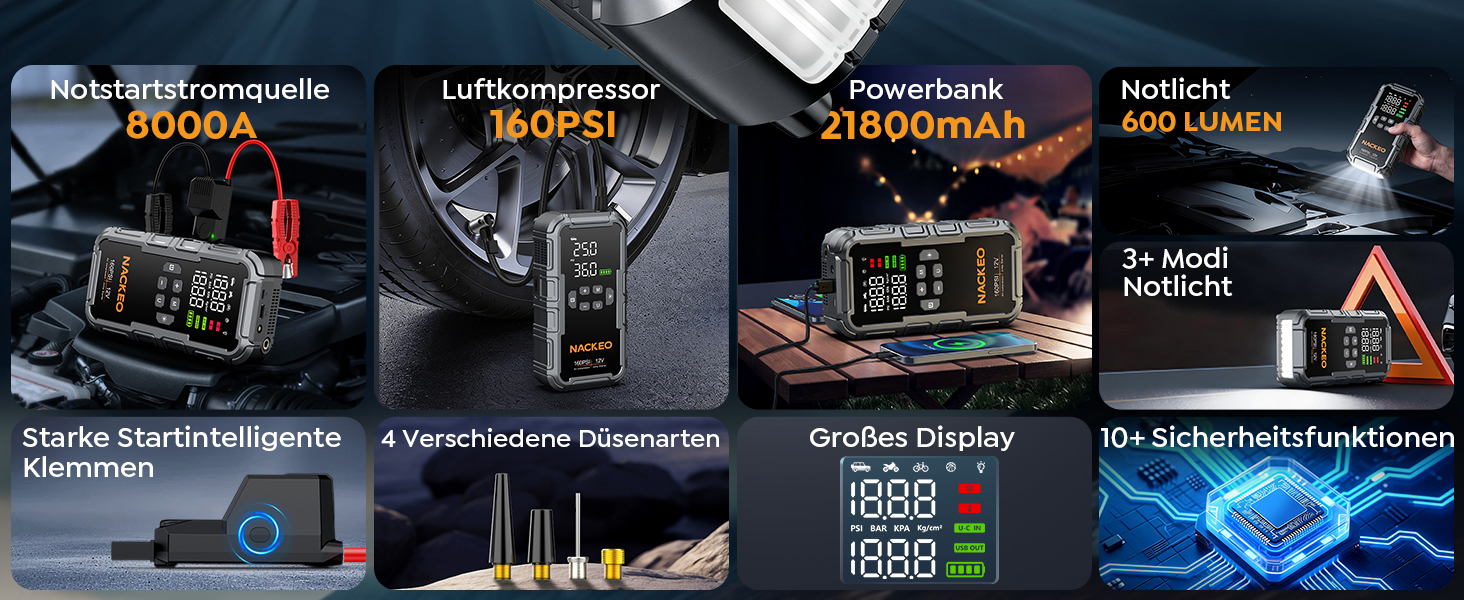 Пусковий пристрій (бустер) 8000A для авто з компресором 160 PSI, Powerbank 12V для бензинових та дизельних двигунів до 12л, з LED-ліхтарем 600LM та LCD-дисплеєм