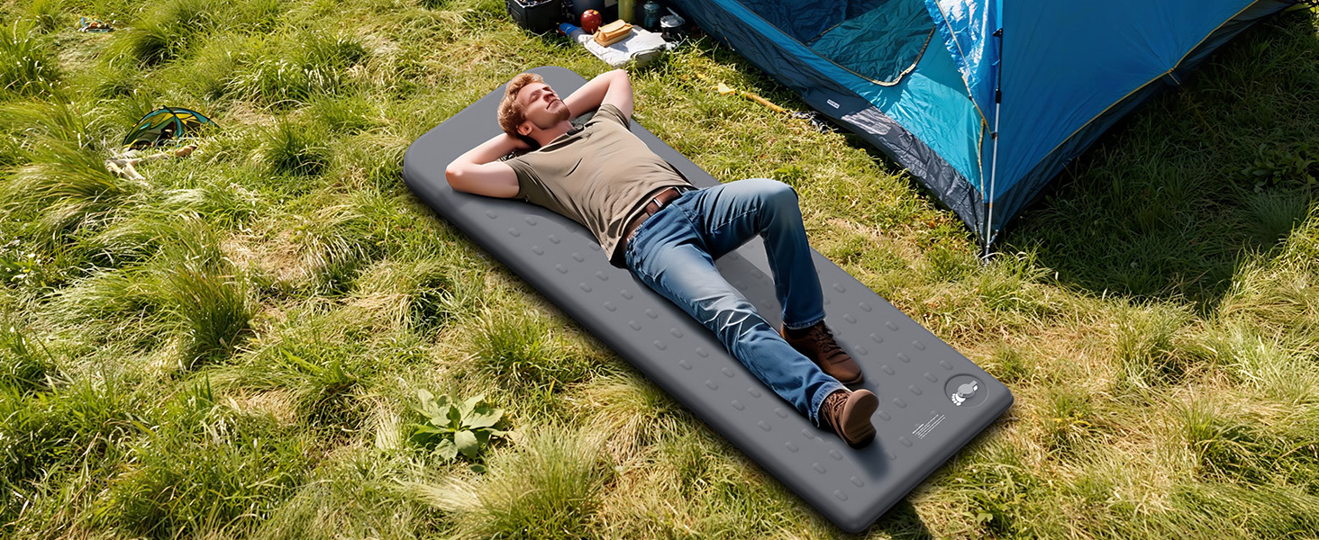 Самонадувний кемпінговий матрац KASIMO з ефектом пам'яті (Memory Foam), R-Value 9.5, потовщена туристична підстилка з подушкою для намету, авто та подорожей, сірий, одномісний