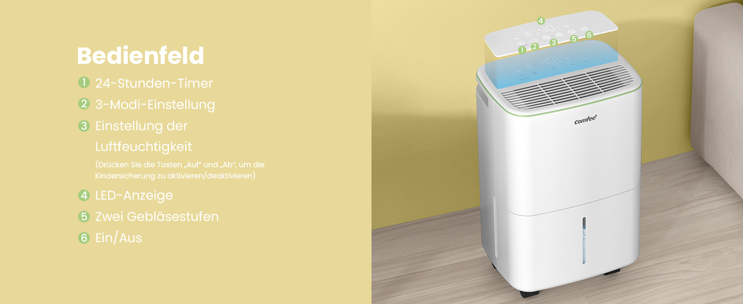 Зволожувач повітря COMFEE 12L з автоматичною відтайкою та дитячим замком, для приміщень до 20 м² (50 м³), екологічний фреон R290