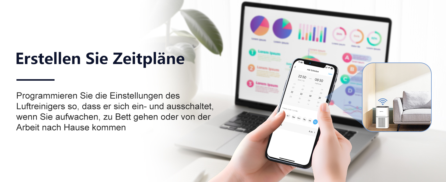 Повітряочисник для алергіків, квартири та кімнат для курців, з 2 HEPA фільтрами H13, для видалення шерсті тварин, плісняви, пилу, пилку та запахів, CADR 350 м³/год для 120 м², керування через додаток, таймер, тиха робота 22 дБ