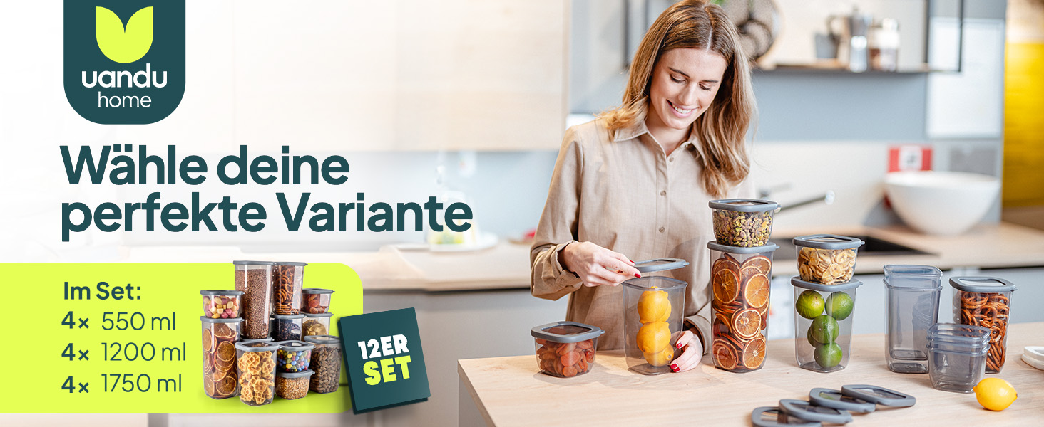 Набір контейнерів для зберігання Uandu 24 шт. з кришкою, герметичні | Контейнери для кухні, організація | Без BPA | Організатор для кухні | Для сухих продуктів, сірий мікс