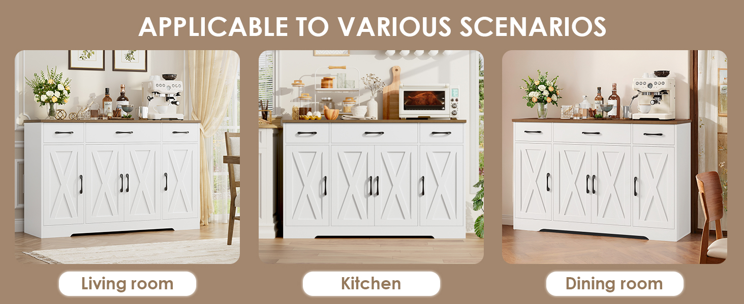 Сервант HOCSOK 140 см: кухонна шафа з 2 регульованими полицями, буфет з 3 висувними ящиками та 4 дверцятами, для вітальні, кухні, передпокою, білий & коричневий