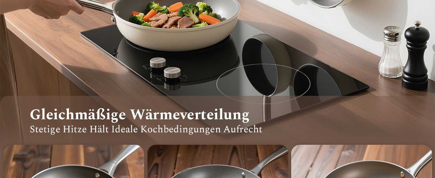 Набір сковорідок Koch Kode: керамічні сковороди 20, 24, 28 см з нержавіючою ручкою, індукційне дно, без PTFE та PFOA, придатні для миття в посудомийній машині та випікання, бежевий колір