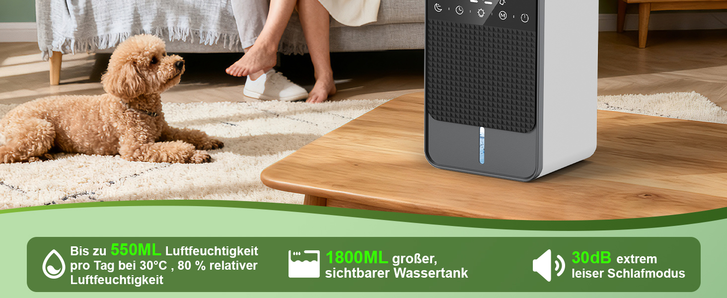 Електричний осушувач повітря 1800 мл з автоматичним відтаненням, таймером та LED-дисплеєм. Підходить для спальні, ванної кімнати та шафи. Продуктивність: 550 мл/24 год.