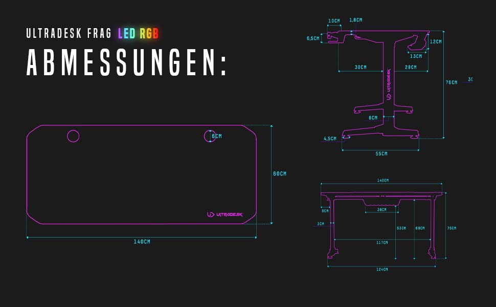 Ігровий стіл ULTRADESK FRAG V3 LED RGB, місце для 2 моніторів, сталь, 150x60 чорний (зелений світлодіод)