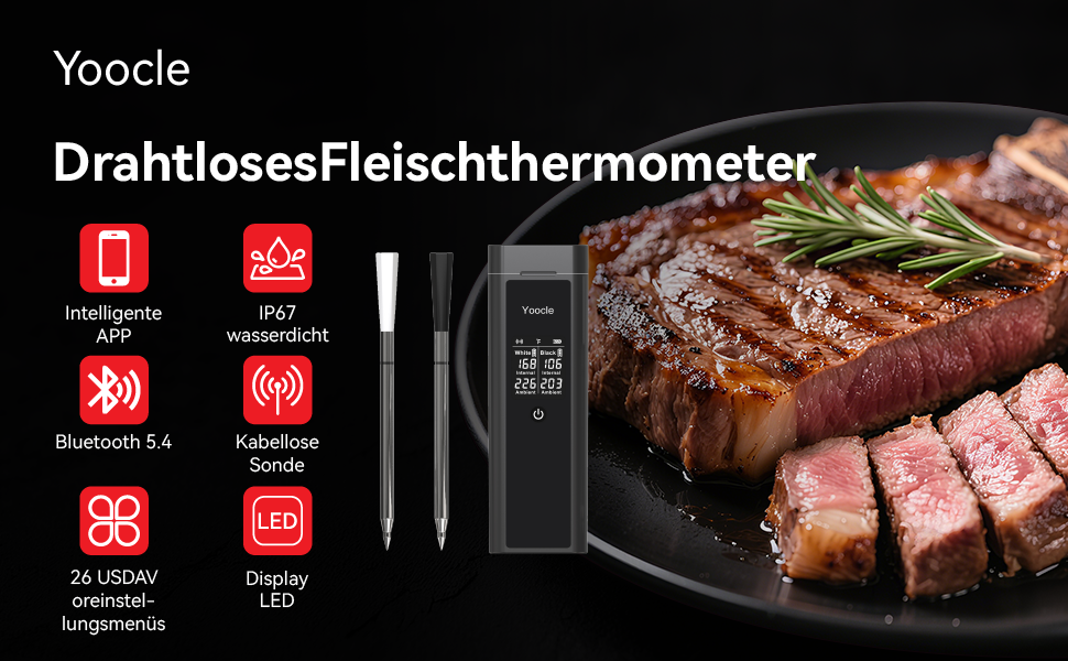 Бездротовий термометр для м'яса з Bluetooth та керуванням через додаток, термометр для гриля з подвійною сондами, IP67 водонепроникний, цифровий кухонний термометр для BBQ, духовки, гриля, копчення та смаження