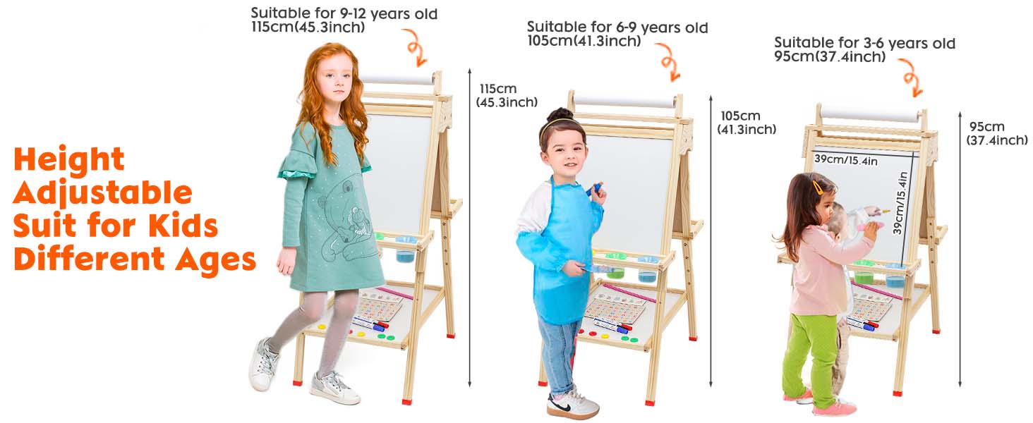 Дитяча мольберт Kinder з паперовою рулонкою, двостороннє Whiteboard та крейдяна дошка, мольберт для малювання з цифрами та аксесуарами, регульована висота, з підстаканником, білий