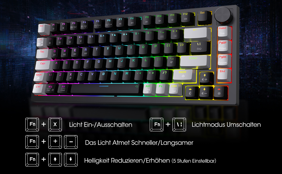 Механічна клавіатура KOORUI для геймінгу: бездротова/провідна/Bluetooth, 82 клавіші, QWERTZ (німецька розкладка), 4000mAh, коричневий перемикач