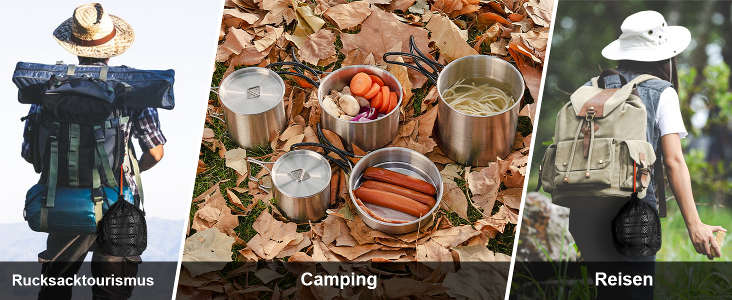 Набір посуду для кемпінгу Odoland: каструля, сковорода, тарілки, миски, столові прибори (13 предметів). Нержавіюча сталь, антипригарне покриття, для пікніків, походів та кемпінгу.