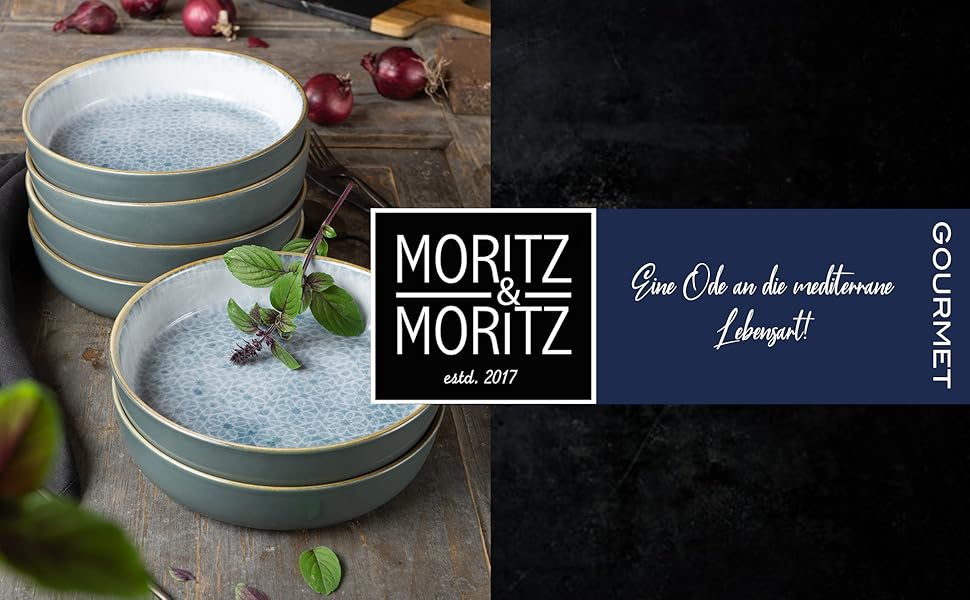 Набір посуду Moritz & Moritz TERRA на 6 осіб: 6 тарілок, 6 десертних тарілок, 6 мисок (Азурний, порцеляна)